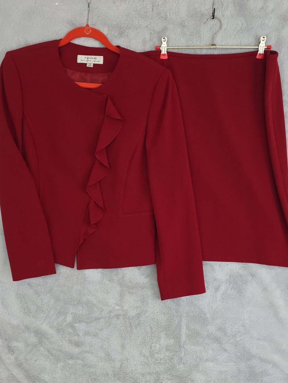 Tahari ASL Deep Red Ruffle Pencil Skirt Set